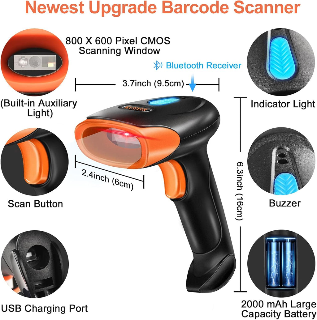 Bluetooth Barcode Scanner, 2D QR 1D Wireless Bar Code Reader | Handheld Barcode Scanners with Updated 800 X 600 Pixel