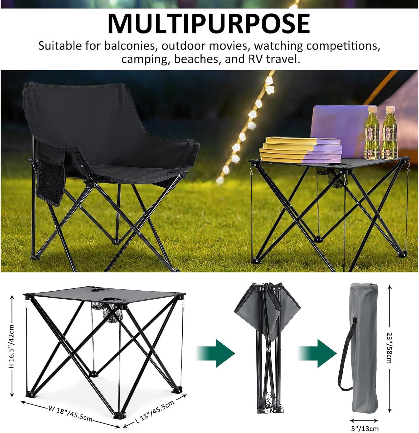 Camping Chairs for Adults, 2 Pack Folding Lawn Chair & Table, Black | Oversized & Portable Beach Chair for Outdoor
