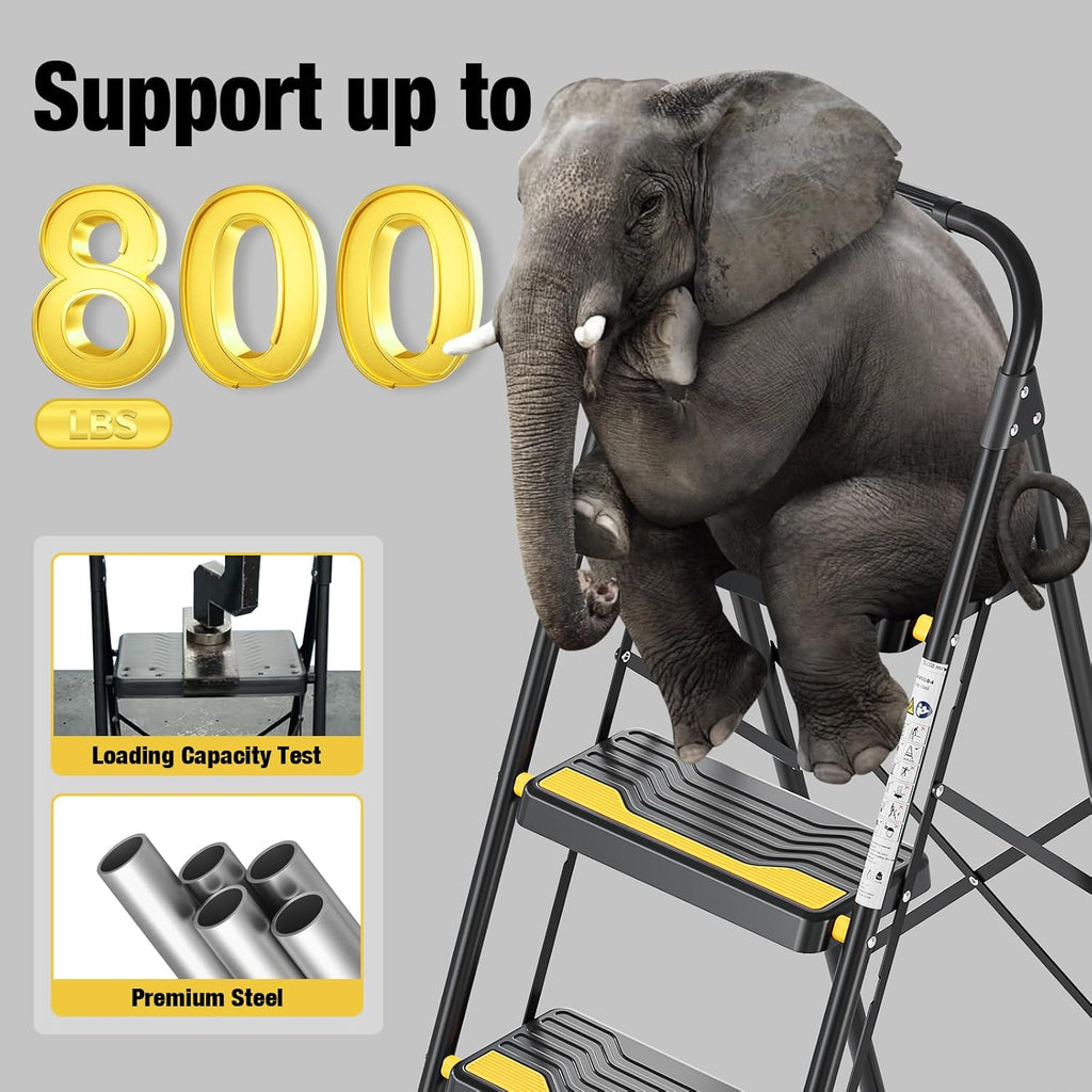 4 Step Ladder, Heavy-Duty Pass 800lb Capacity Test, Wide Anti-Slip Steps & Secure Handrail Compact, Folding Step