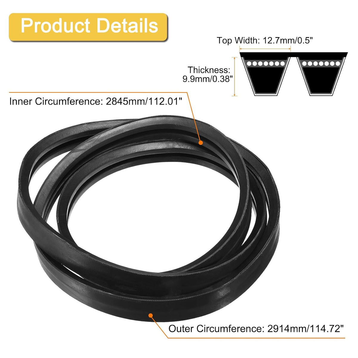uxcell 2/B112 Classic Wrapped 2 Banded 115" Outer Circ B Profile V-Belt