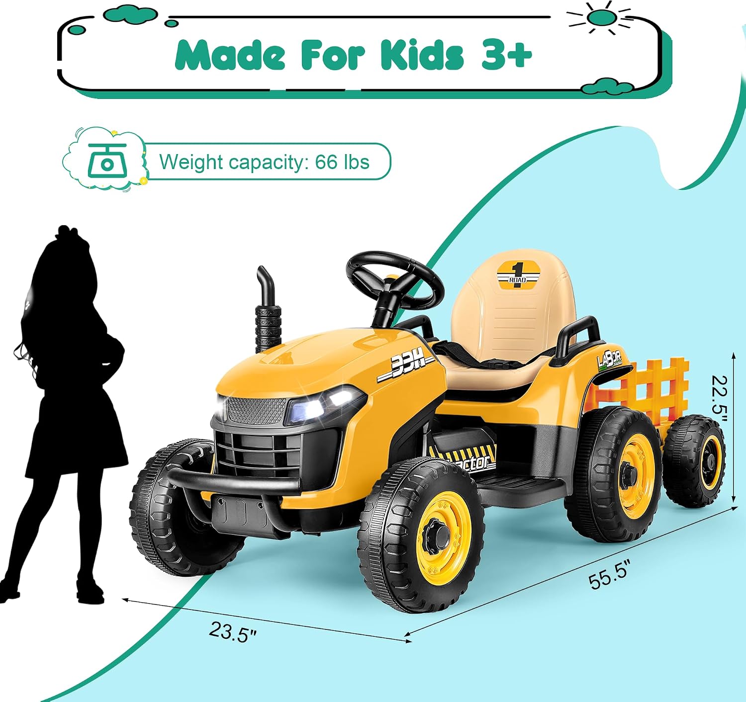 Ride On Tractor with Tiltable Trailer, 12V Battery Powered Ride On Toy w/Parent Remote Control, Music Player &