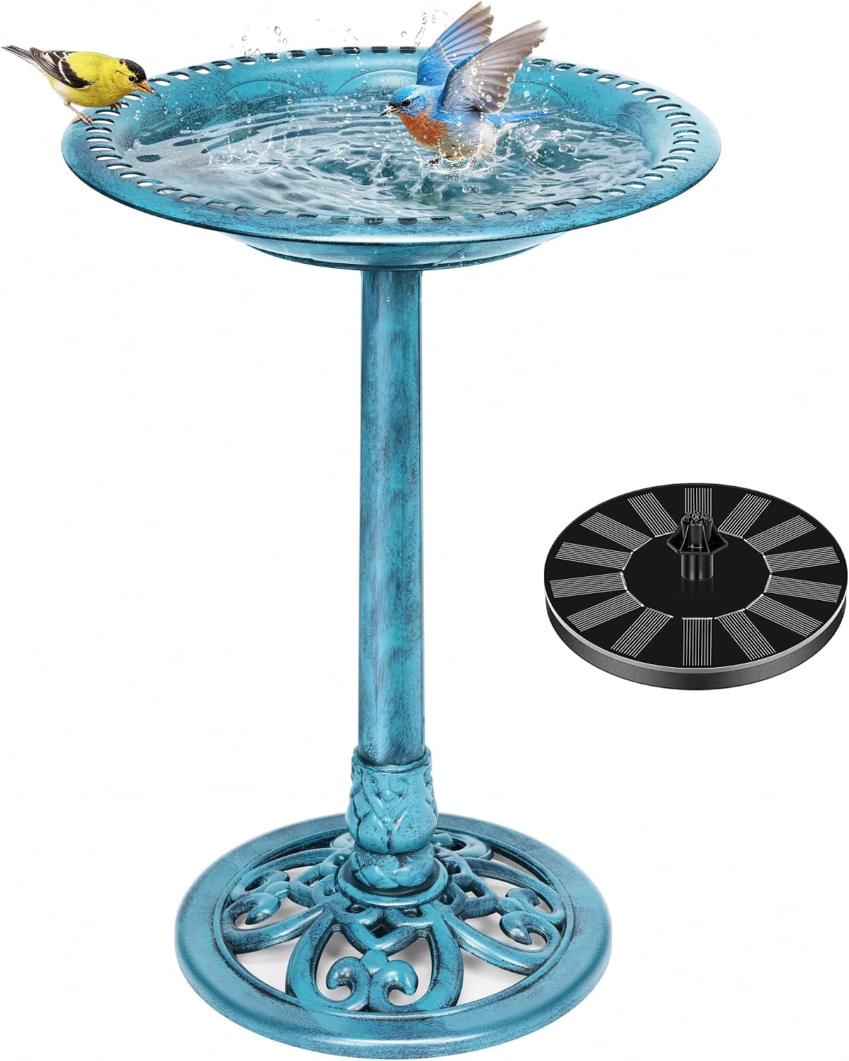 Bird Bath with Solar Fountain for Outside, Pedestal, Blue