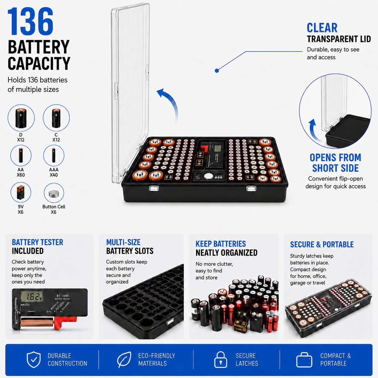 Battery Organizer Storage Case with Tester | Stores & Protects Up to 136 Batteries, Holds AAA AA C D 9V Button Cell