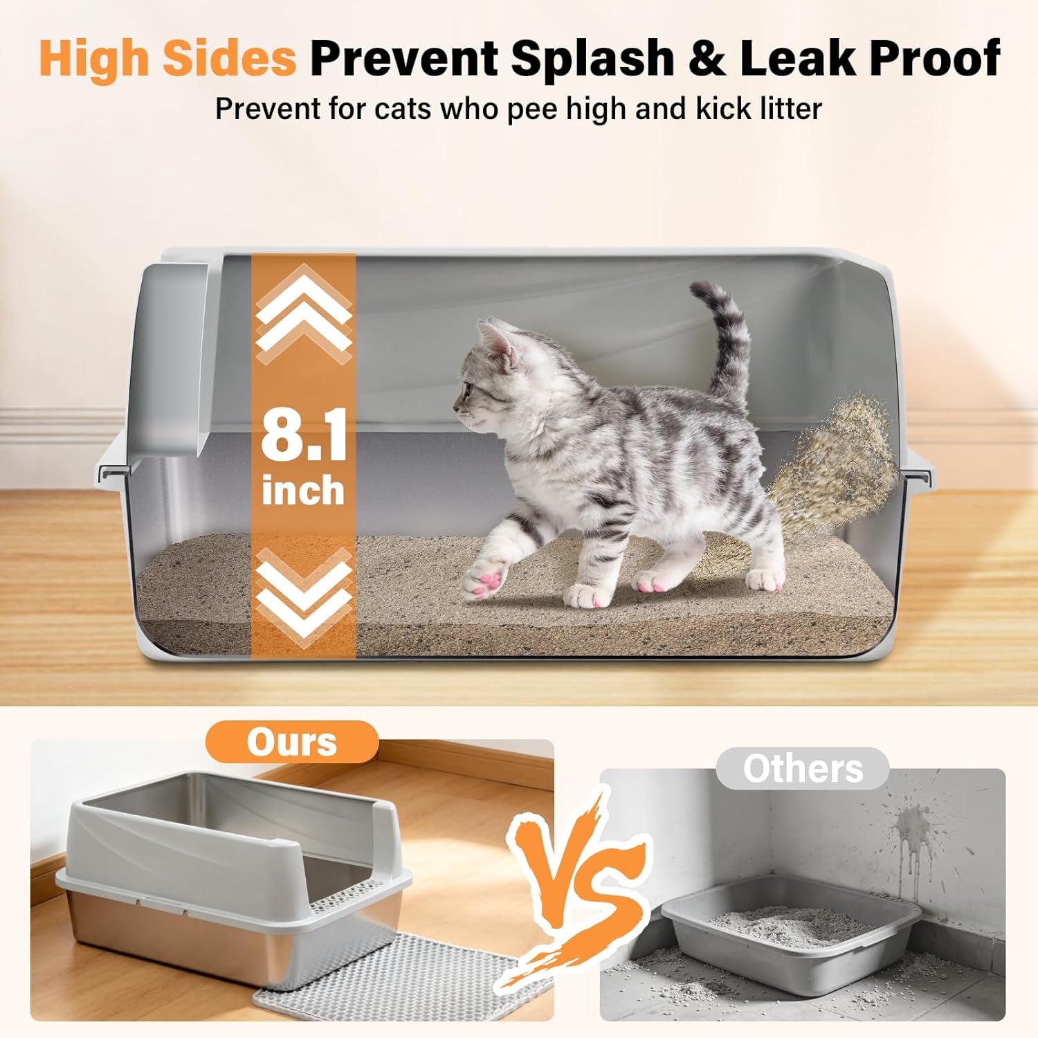 Stainless Steel Litter Box with High Sides, Small Metal Litter Box for Kittens & Medium Cats, Low Entry Kitten Litter