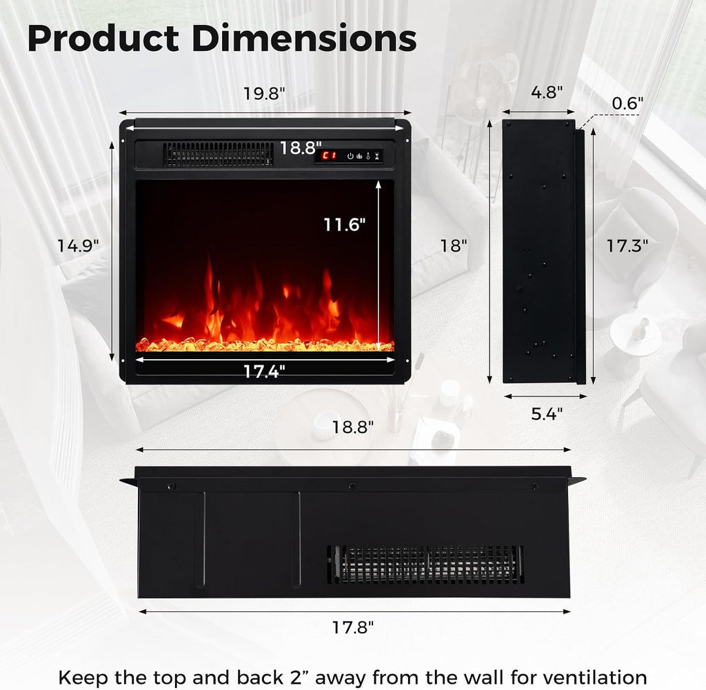 18 Inches Electric Fireplace Insert, 750W/1500W Fireplace Heater with Remote Control, Adjustable Flame Color &
