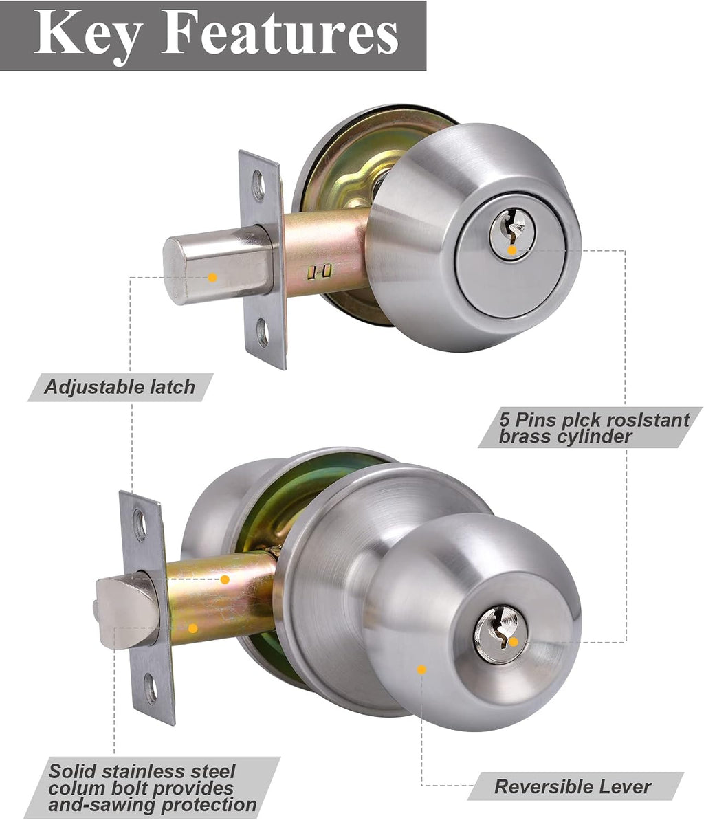 2 Sets All Keyed Same Entry Door Knob and Single Cylinder Deadbolt Combo Set, Round Ball Satin Nickel Exterior Door