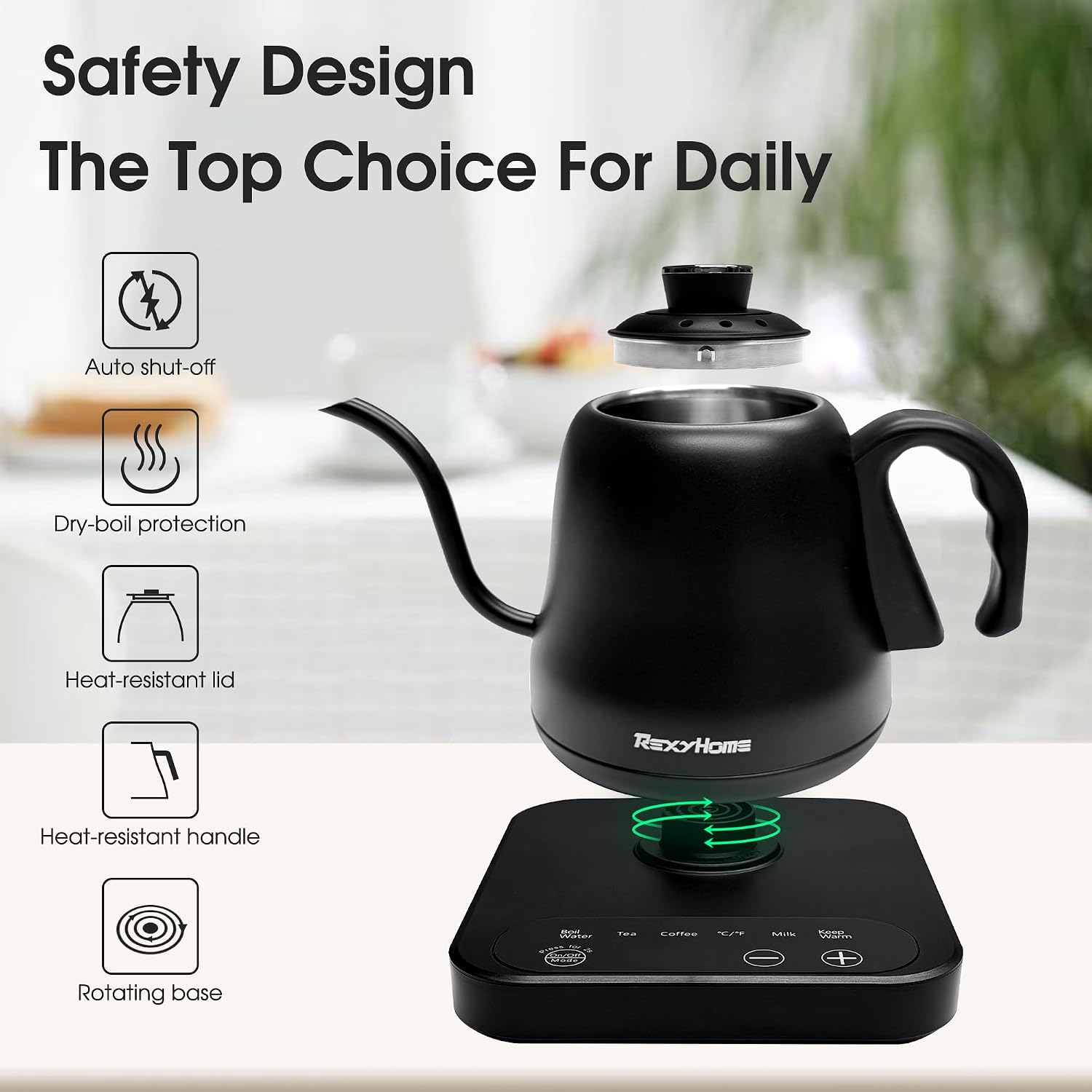 Gooseneck Electric Kettle Temperature Control: 316L Stainless Steel Inner | ±1℉ Precision, Pour Over Kettle for