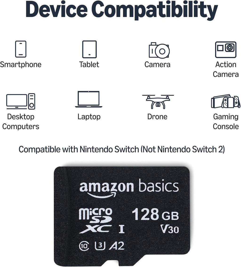 microSDXC Memory Card with Full Size Adapter, A2, U3, Read Speed up to 100 MB/s, 128GB, Black
