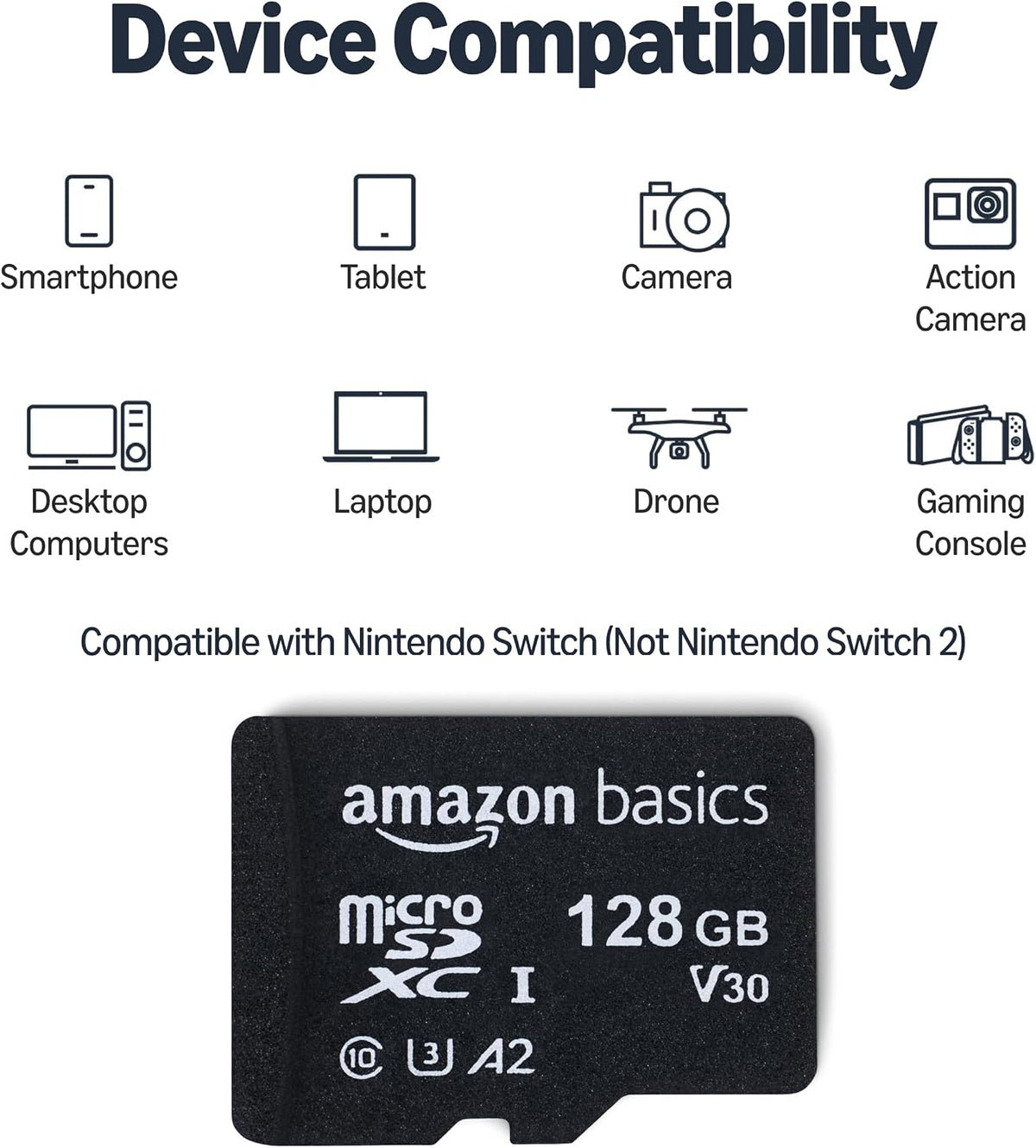 microSDXC Memory Card with Full Size Adapter, A2, U3, Read Speed up to 100 MB/s, 128GB, Black