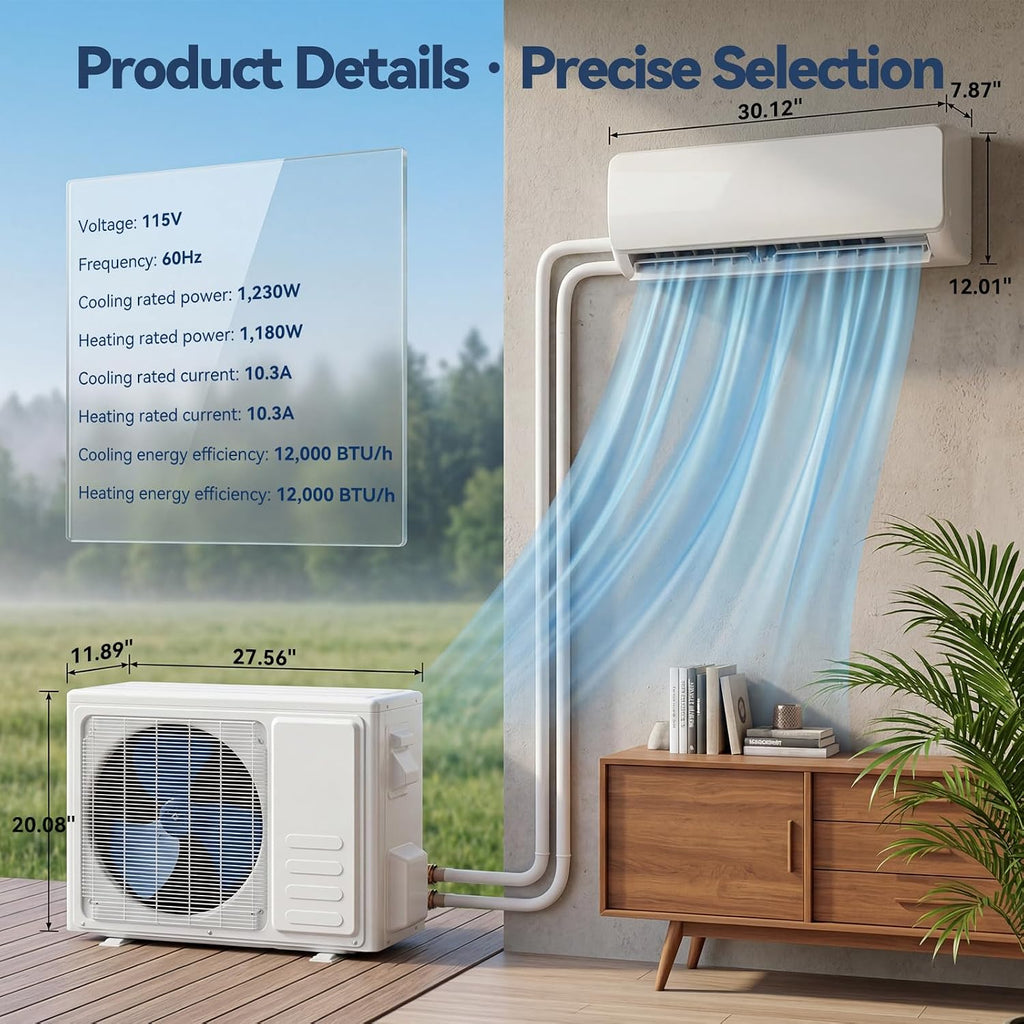12,000 BTU Mini Split AC/Heating System, 115V Inverter Ductless Air Conditioner with Heat Pump, Cools up to 750 Sq.