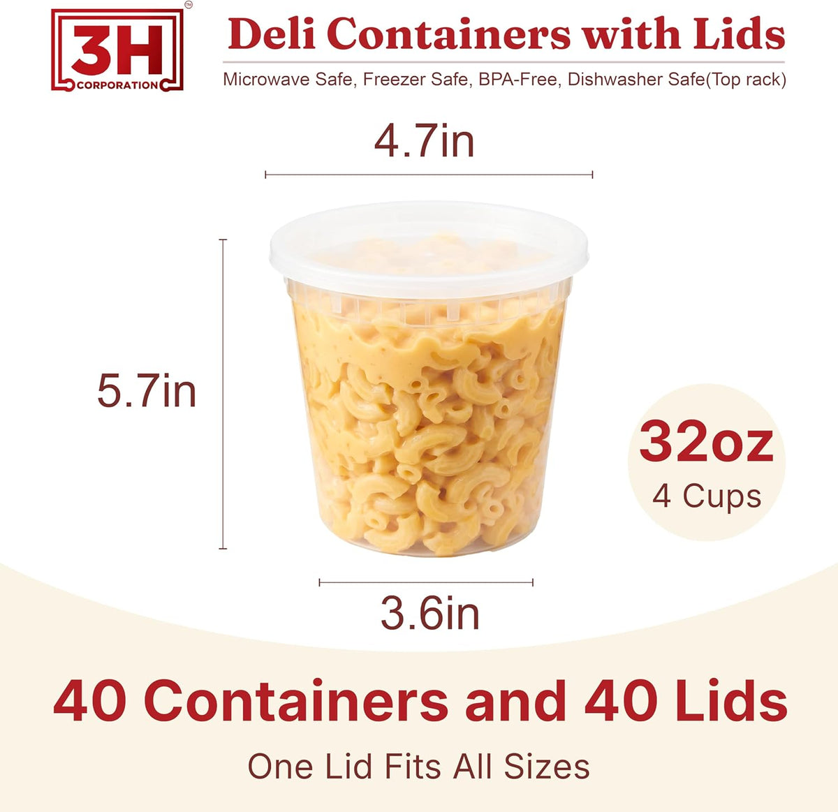 32oz Deli Containers with Lids (40 Sets/80 Pcs) Quart Plastic Containers with lids, BPA-Free Microwave Freezer Safe