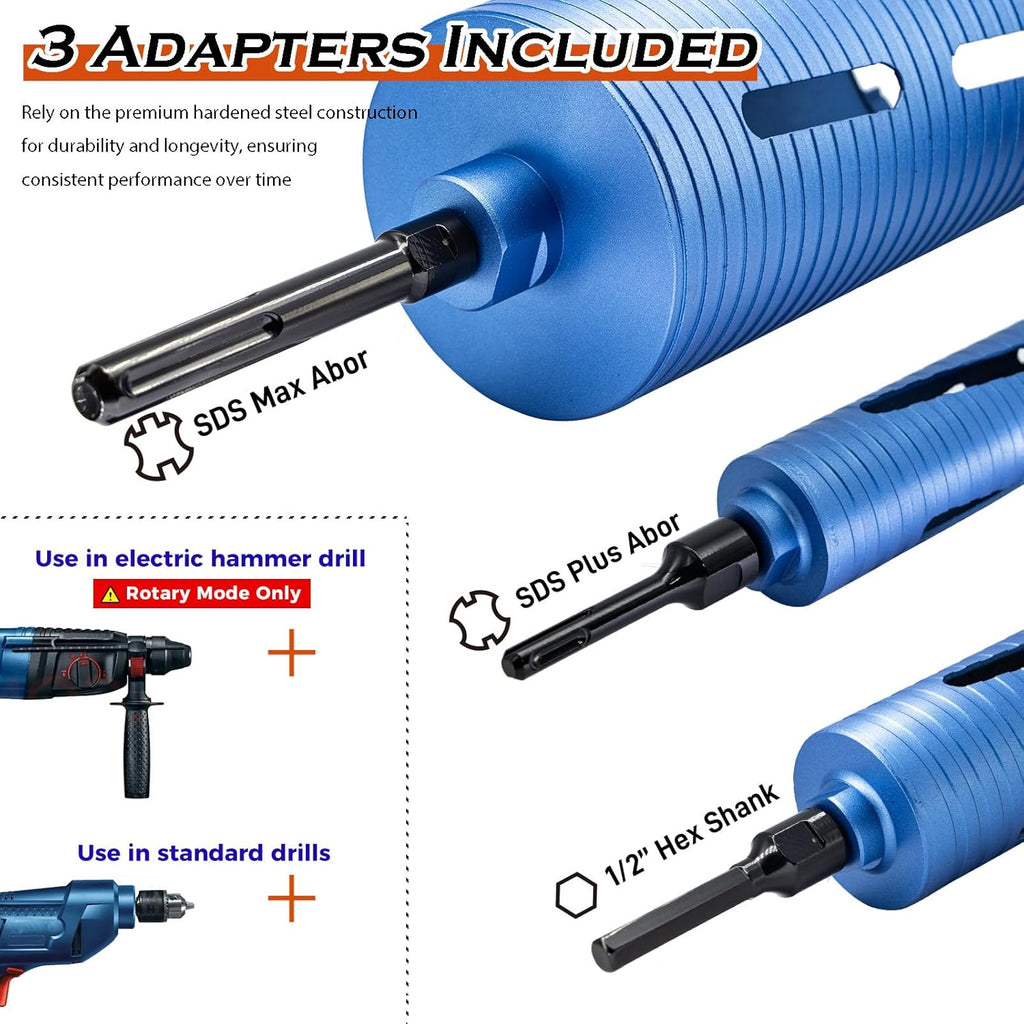 2 1/2" Dry Core Drill Bit, 5/8"-11 Thread, with 3 Adapters Included: SDS Plus, SDS Max and 1/2" Hex Shank; 9.5" Drill