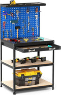 Workbench with Drawer, 32" x 16" Heavy-Duty Work Table with 2 PCS Pegboard & 4 Shelves, 19 Hanging Hooks, 495LBS