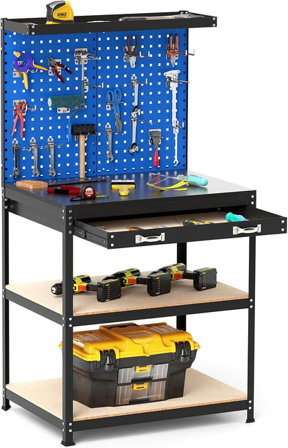 Workbench with Drawer, 32" x 16" Heavy-Duty Work Table with 2 PCS Pegboard & 4 Shelves, 19 Hanging Hooks, 495LBS