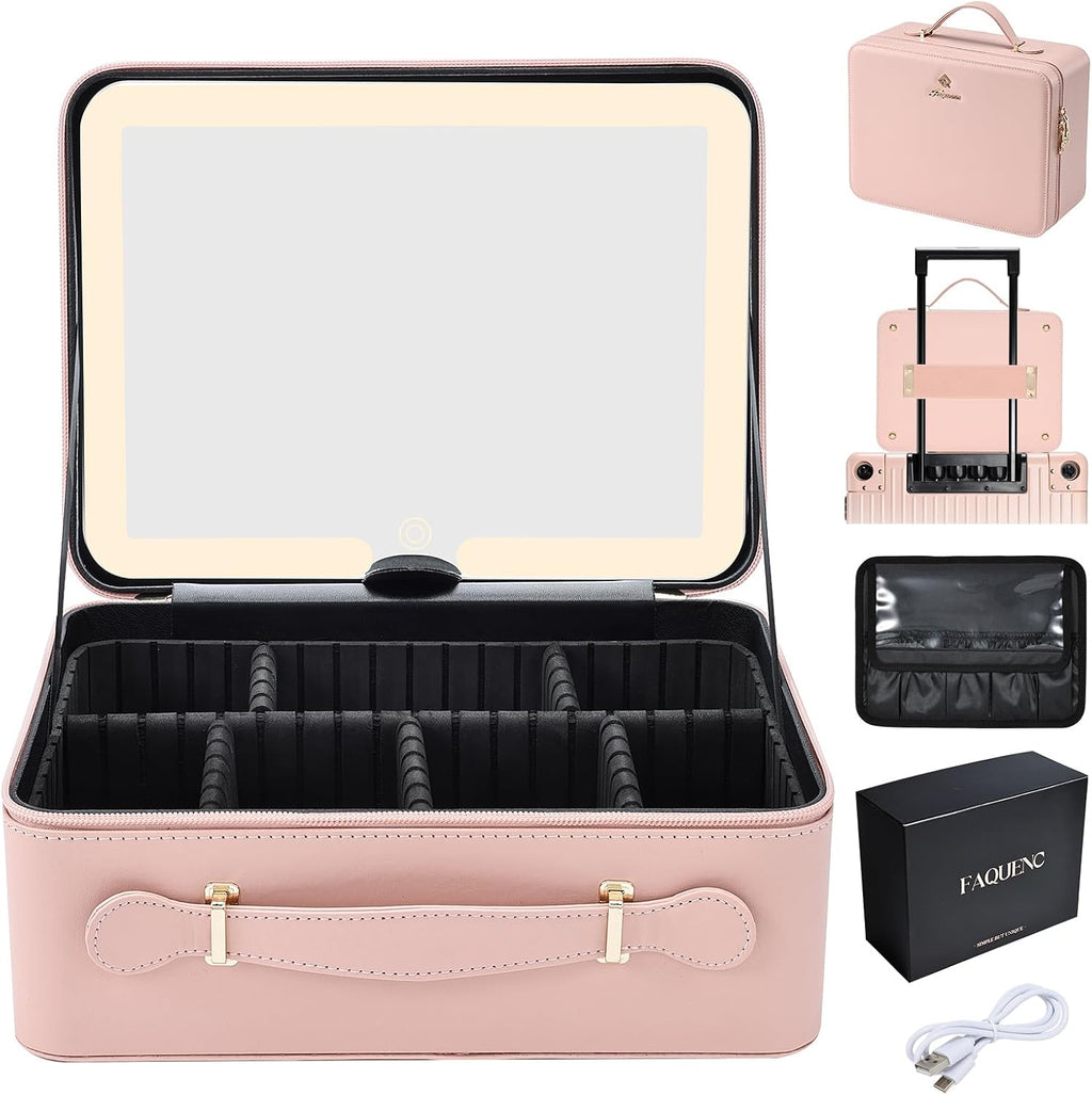 Leather Makeup Case with LED Lighted Mirror 11.4 Inch Travel Makeup Bag Adjustable Brightness in 3 Colors Cosmetic
