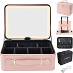 Leather Makeup Case with LED Lighted Mirror 11.4 Inch Travel Makeup Bag Adjustable Brightness in 3 Colors Cosmetic