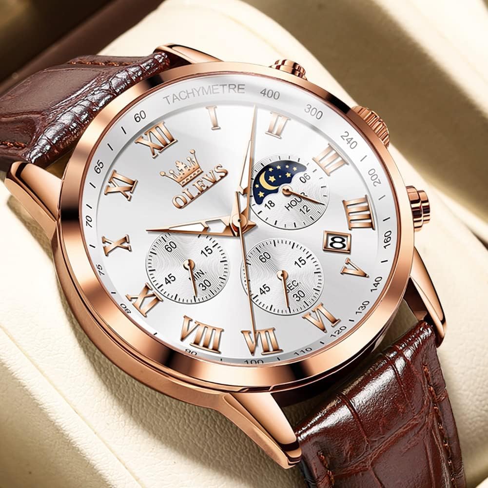 Mens Watches Leather Chronograph Luxury Fashion Dress Analog Quartz Wrist Watch Luminous Waterproof Moon Phase Date