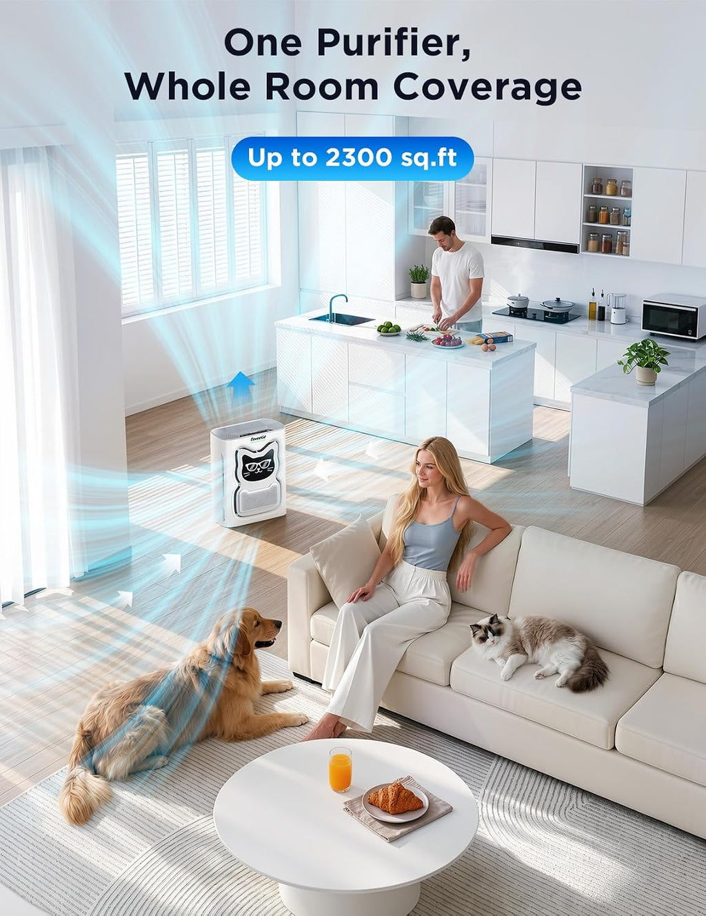Pet Air Purifier for Large Room, 2300 sq ft | 4-in-1 H13 HEPA Washable Pre-filter, Air Quality Sensor & Auto Modes