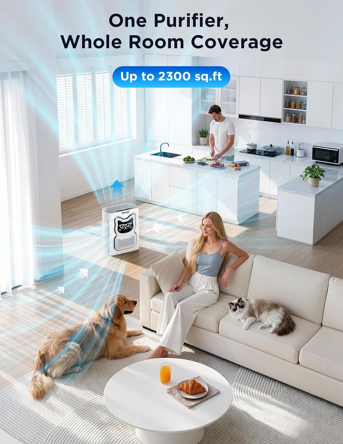 Pet Air Purifier for Large Room, 2300 sq ft | 4-in-1 H13 HEPA Washable Pre-filter, Air Quality Sensor & Auto Modes