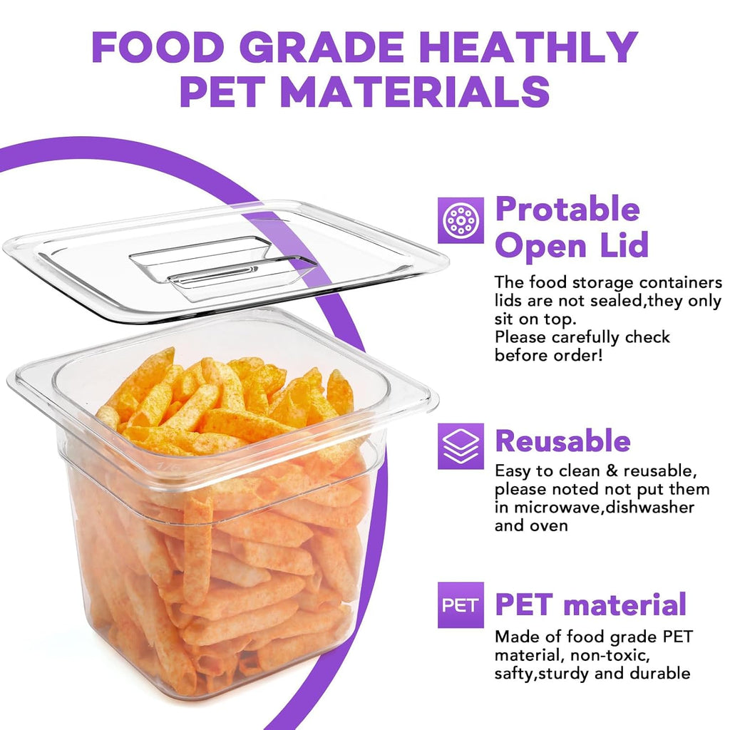 6 Pack Plastic Food Pan with Lids 1/6 Size 4 Inch Deep