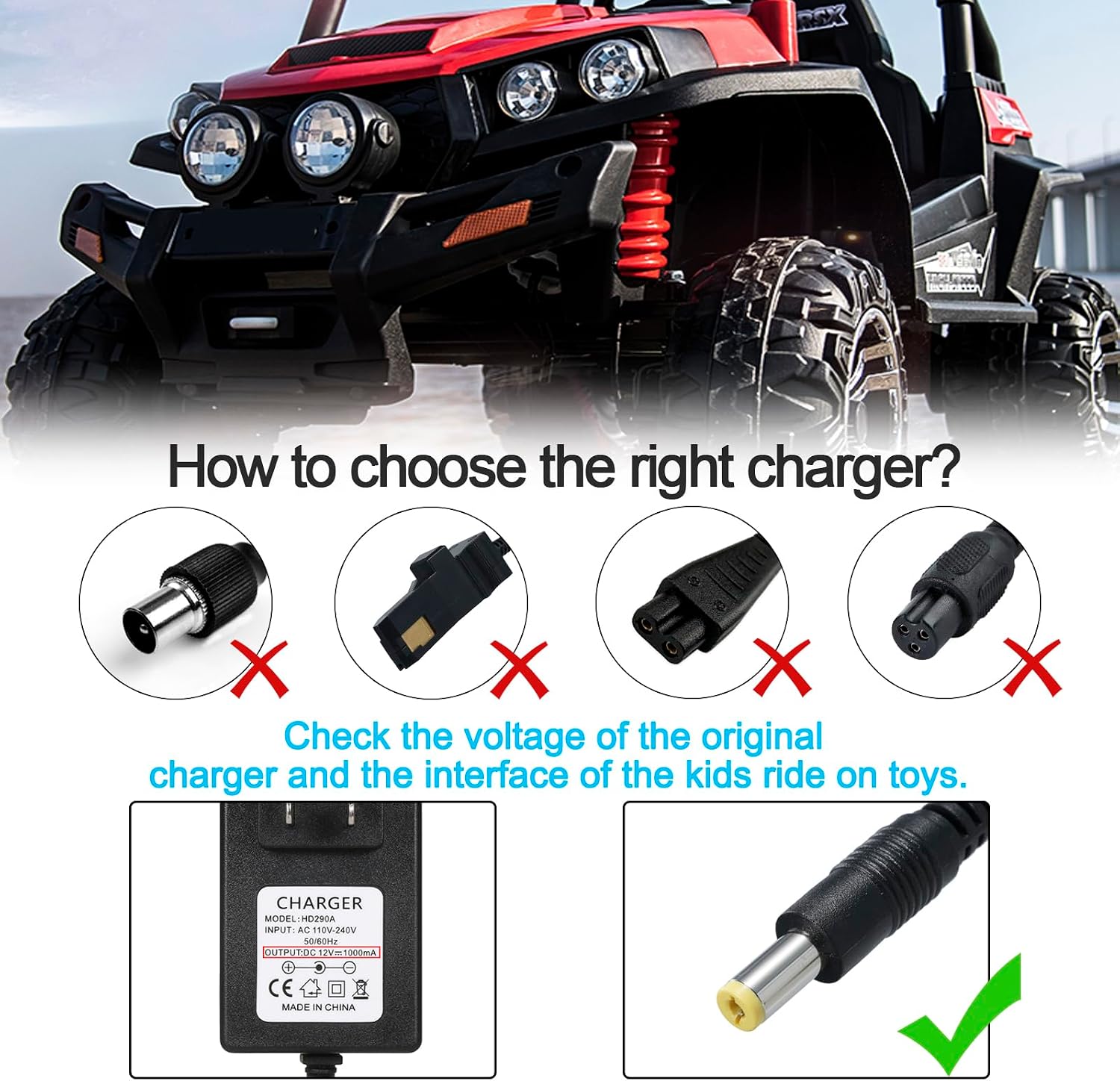 12V Kids Charger for Ride On Car, 12V Various Electric Ride-on Toys Car Battery Charger，12 V Universal Kids Riding