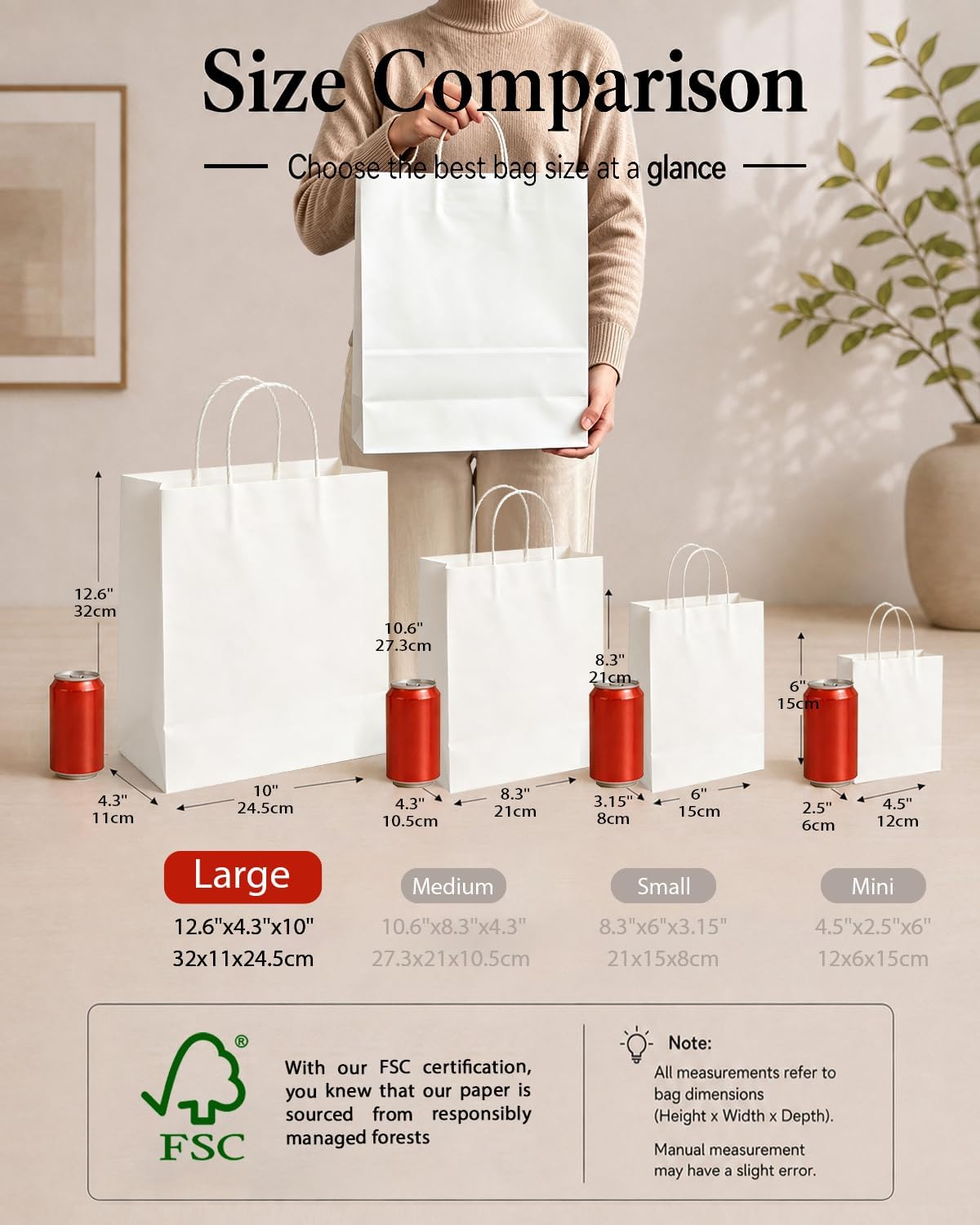 50-Packs White Paper Gift Bags with Handles Bulk 13"x10.3"x4.6" Large Size Party Favor Bags Multiple Uses