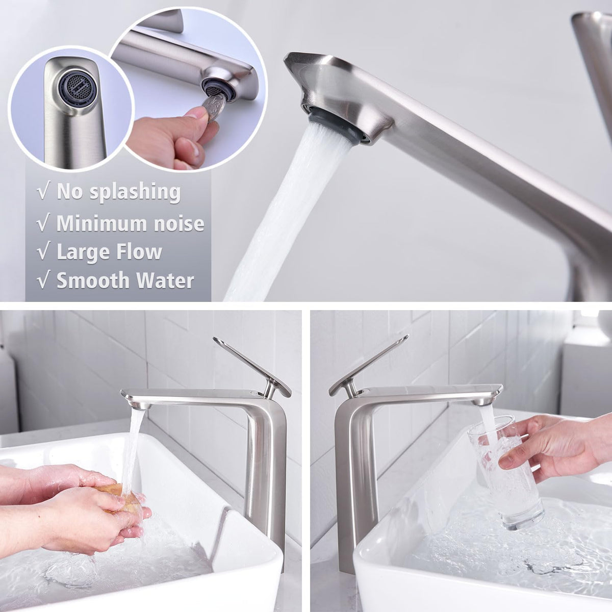 Tall Vessel Sink Faucet Brushed Nickel One Handle Anti-Fingerprint