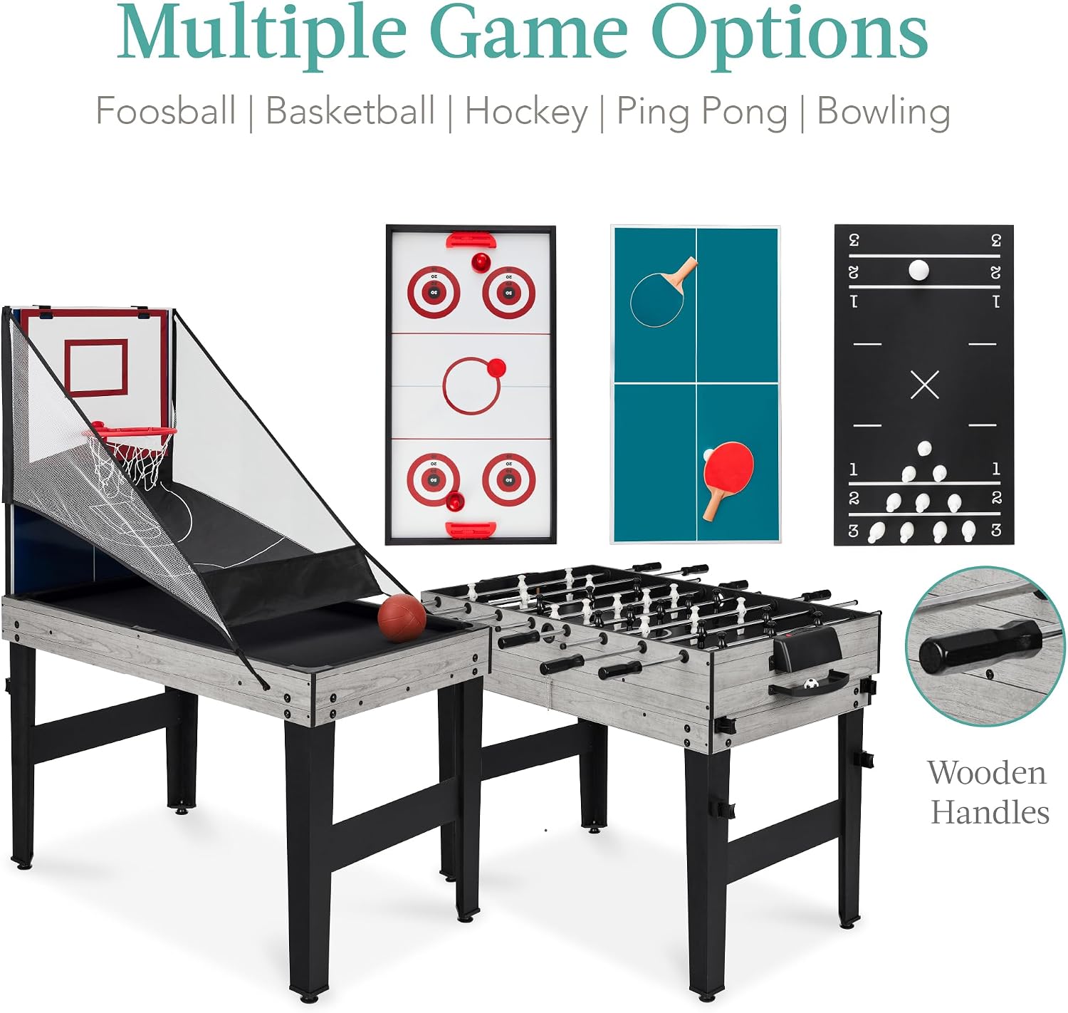Combo Game Table Set for Home, Game Room, Friends & Family w/Ping Pong, Foosball, Basketball, Air Hockey, Archery