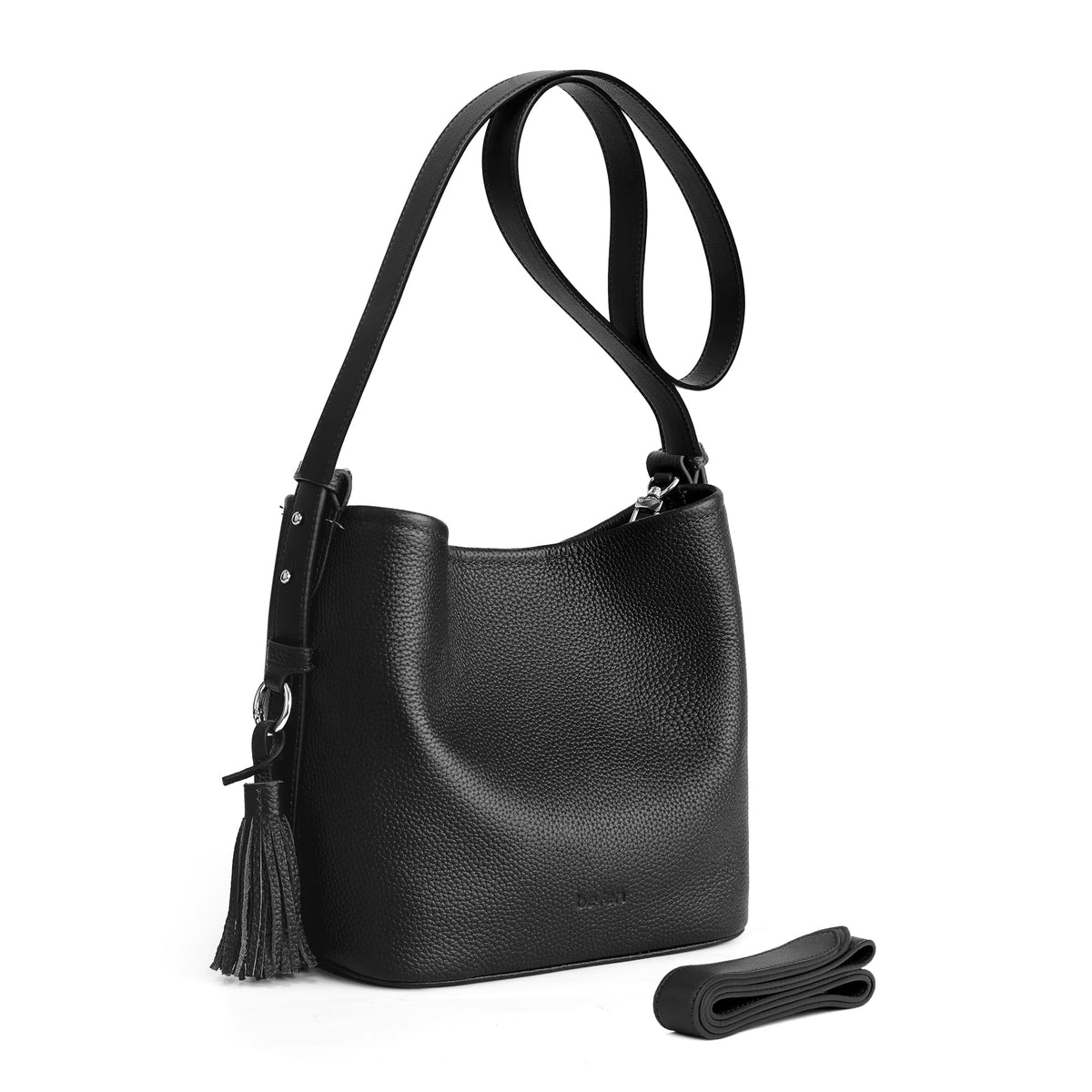 Genuine Leather Small Bucket Bag with Crossbody Strap Black Purses