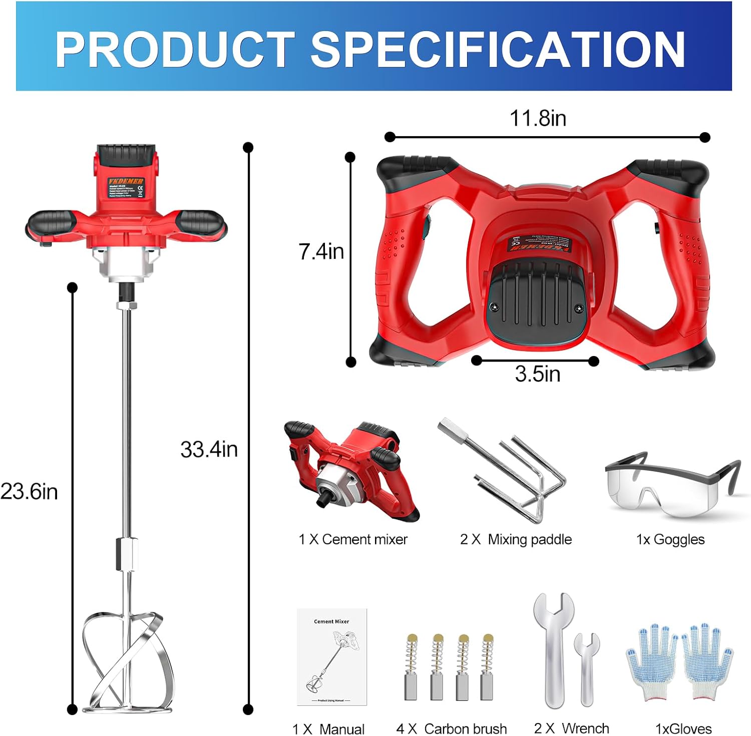 Electric Handheld Cement Mixer, 2pcs Mixing Heads Included, Portable Mortar Mixer with 6 Adjustable Speed, 110V Mud
