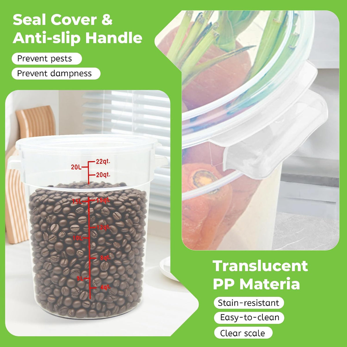 4 Pack 22 Qt Round Food Storage Containers with Lids, Translucent PP