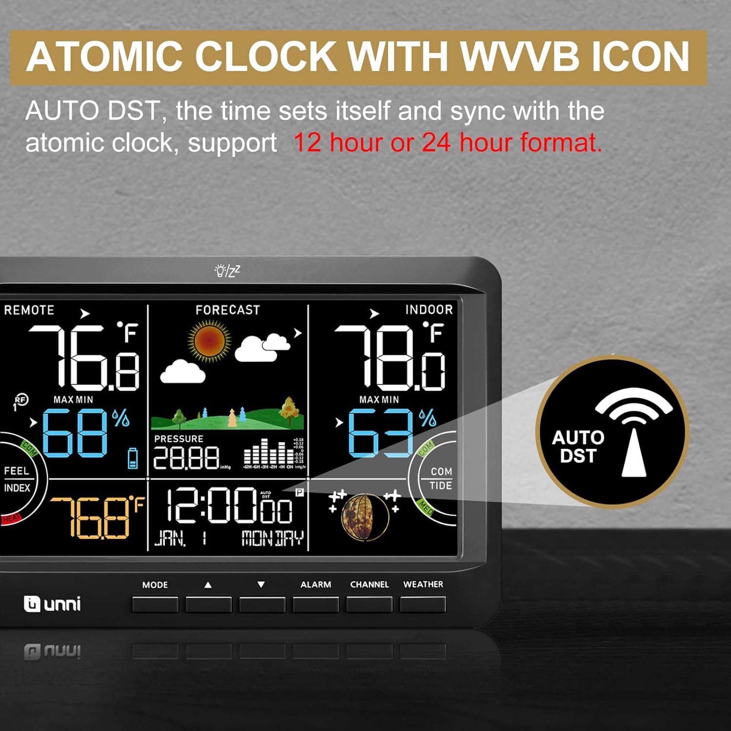 Weather Station Indoor Outdoor Thermometer Wireless Atomic Clock Black | Home Atomic Clock Large Constant Display