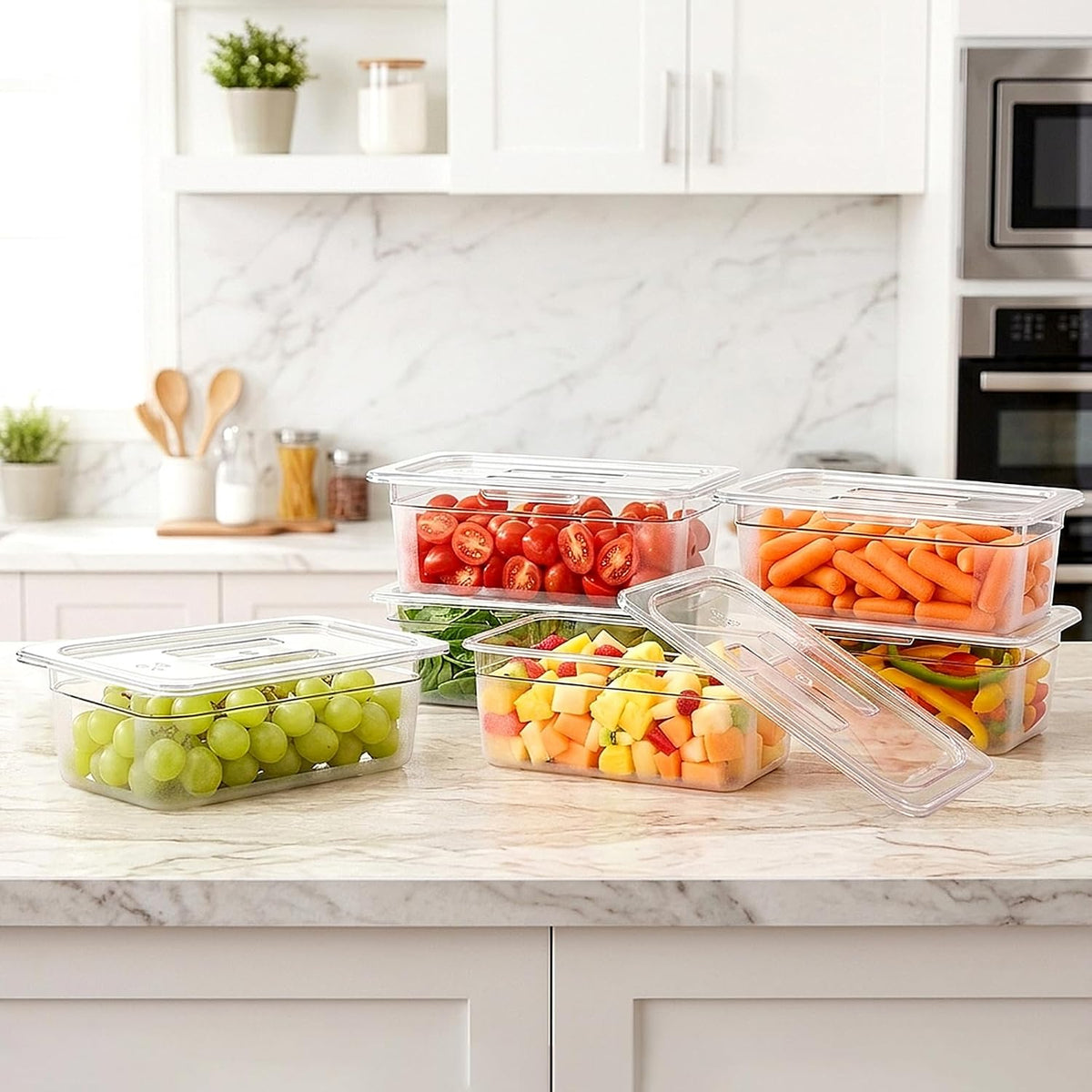6 Pack Plastic Clear Food Pans with Lids, 1/3 Size 4 Inch Deep Stackable Commercial Polycarbonate Pans for Kitchen
