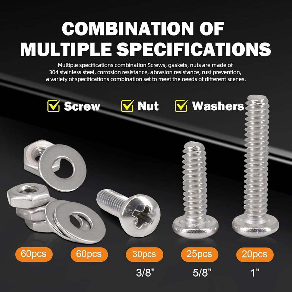 180 PCS Bolt Combination Kit #10, 3/8", 3/4", 1"