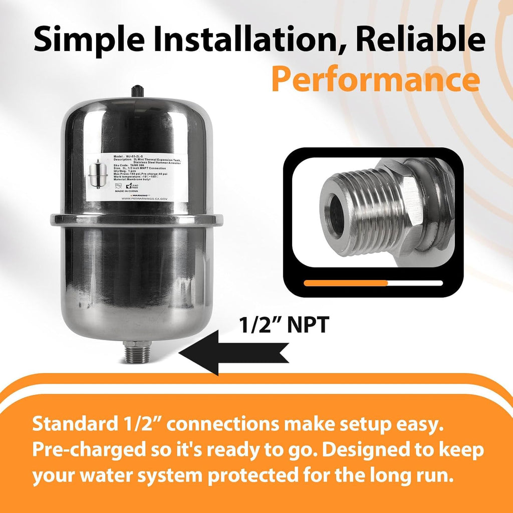 20-PCs HeSun 2L Mini Thermal Expansion Tank, 1/2" MIP Connection | Stainless Steel,Maintain Safe Pressure, for