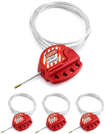 Lockout Tagout Cable Lock, 4 Pack Adjustable Steel Vinyl Coated Cable Lockout, 3/16" Diameter, 5.9' Length, Red