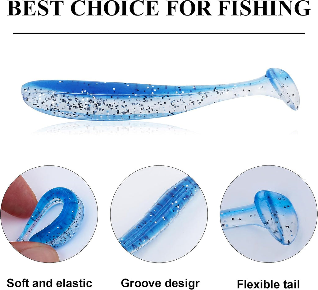 Soft Fishing Lures，90pcs Fishing Soft Plastic Lures and 5pcs Fishhook,Paddle Tail Swimbaits Soft Plastic Lures Kit