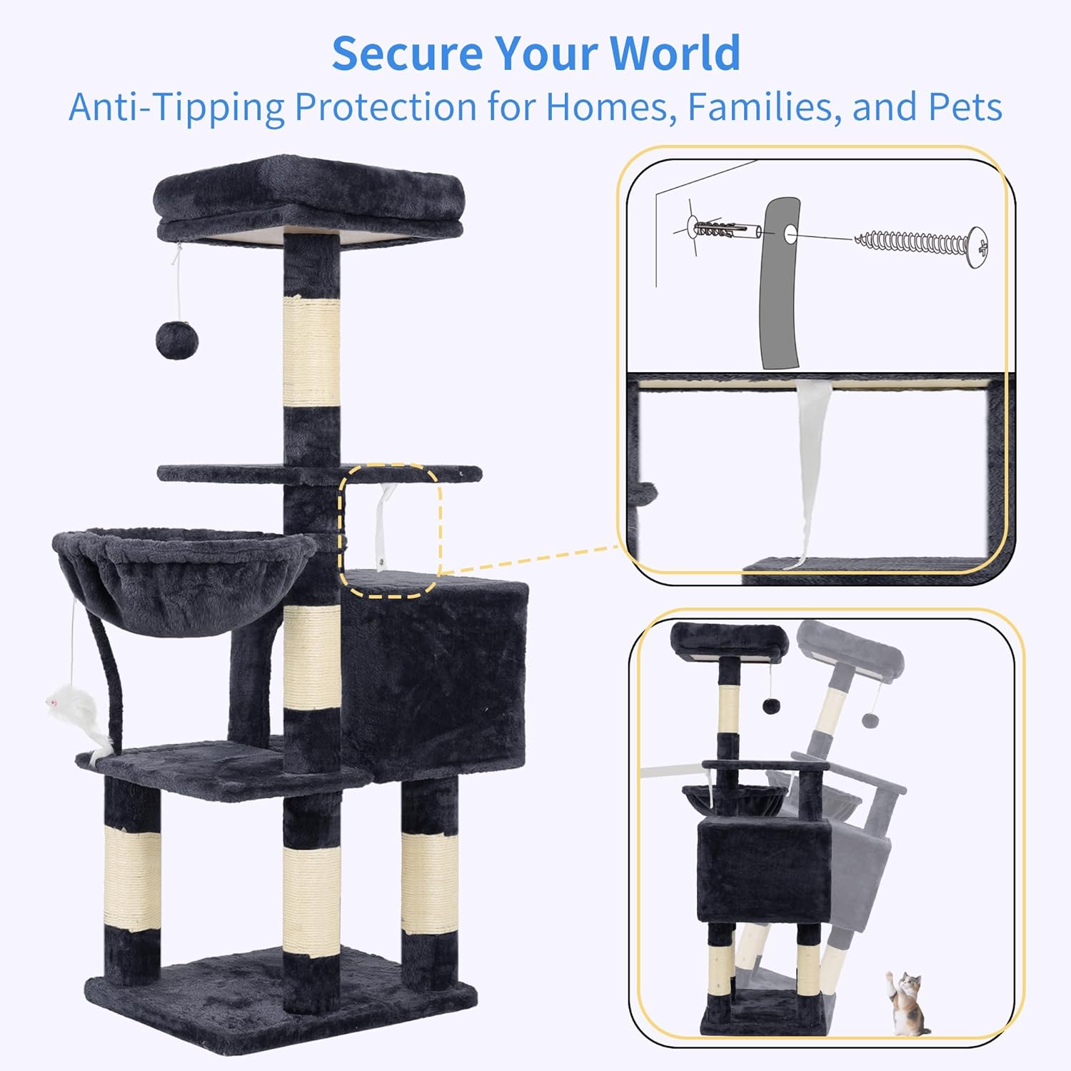 Cat Tree with Toy, Cat Tower condo for Indoor Cats, Cat House with Padded Plush Perch, Cozy Hammock and Sisal