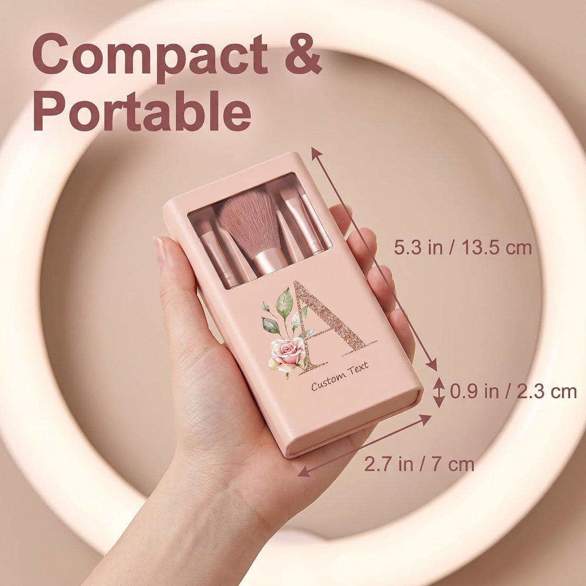 Personalized Mini Makeup Brush Set with Mirror, Custom Name Initial Travel Makeup Case, Portable Cosmetic Brushes