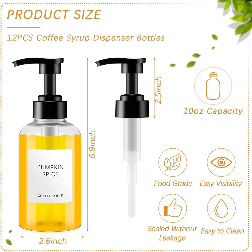 12 Pcs Coffee Syrup Dispenser Bottle with Pump Drink Syrup Container with Labels for Kitchen Restaurant Coffee Bar