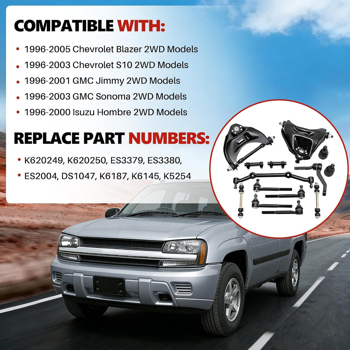 14pc Complete Front Control Arm Suspension Kit replacement for 1996-2005 Chevy Blazer 1996-2003 S10 GMC Jimmy Sonoma Isuzu Hombre RWD
