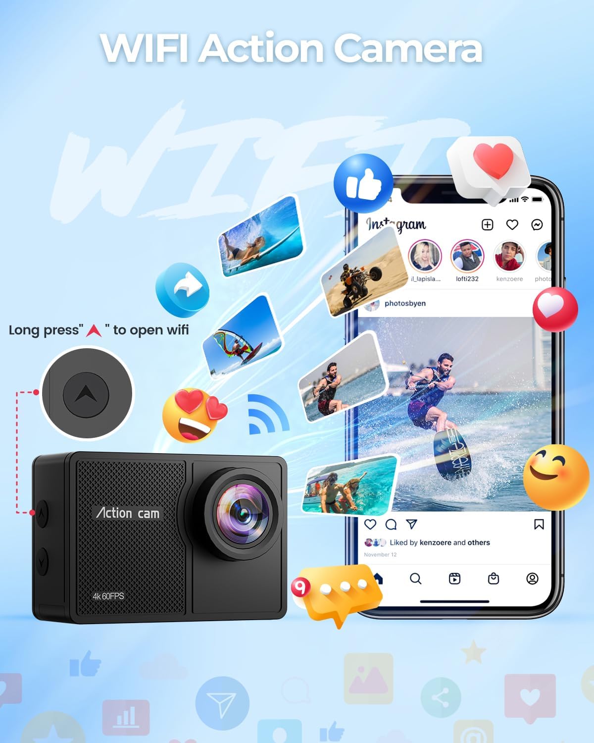 4K60fps Action Camera Waterproof Camera with 64G SD Card 48MP HD WiFi Camera with EIS 40M UnderwaterCamera Wide Angle