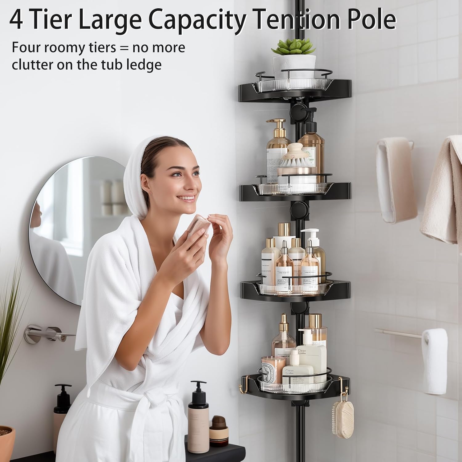 360° Rotating Corner Shower Caddy Tension Pole Organizer (Black) | 4-Tier rotating shelves with hooks, adjustable
