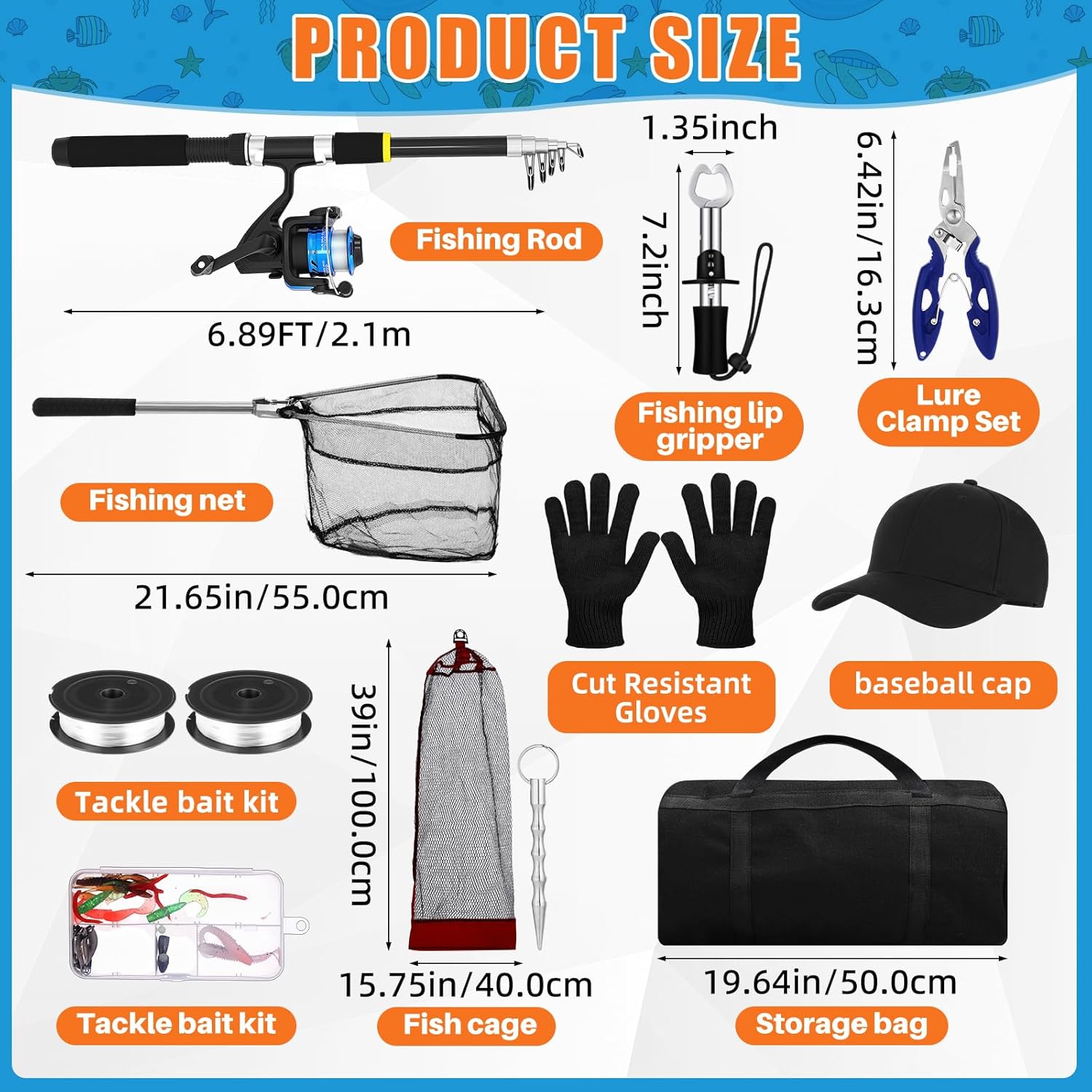 Telescopic Fishing Rod and Reel Combo 2 Pcs Collapsible Fishing Pole Kit with Plier Lip Gripper Lures Carrier Bag