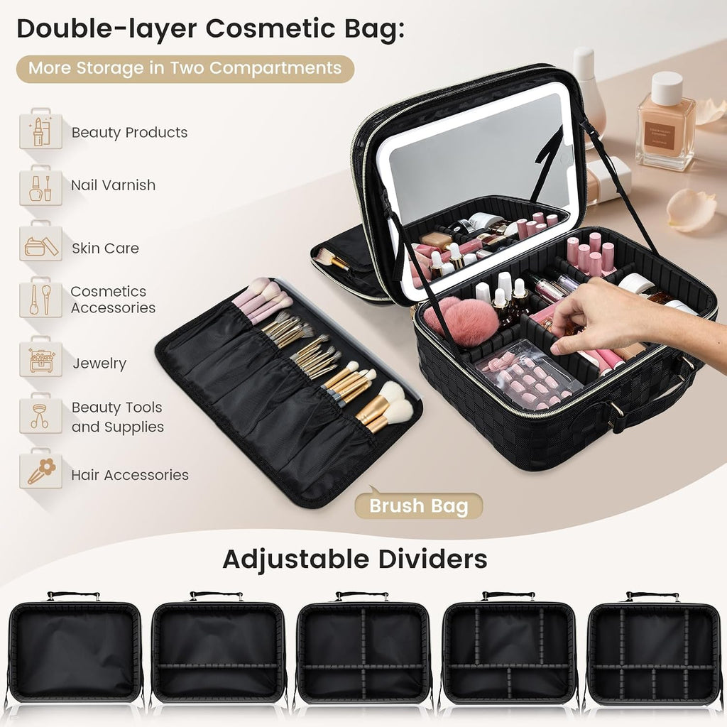 Makeup Bag with LED Lighted Mirror 12.2 IN Cosmetic Train Case Double Layer Makeup Case Adjustable Brightness in 3