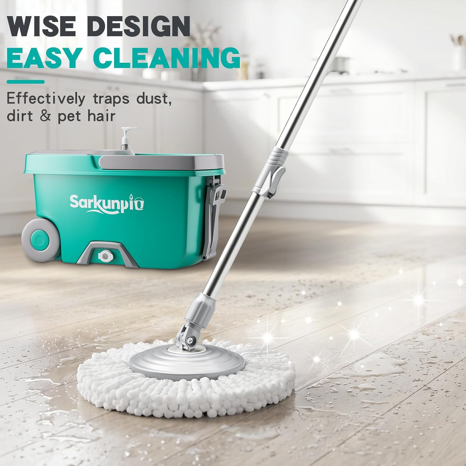 Mop and Bucket Set with Wringer, Spin Mop Floor Cleaning System with 6 Replacement Microfiber Heads & 61" Extra-Long