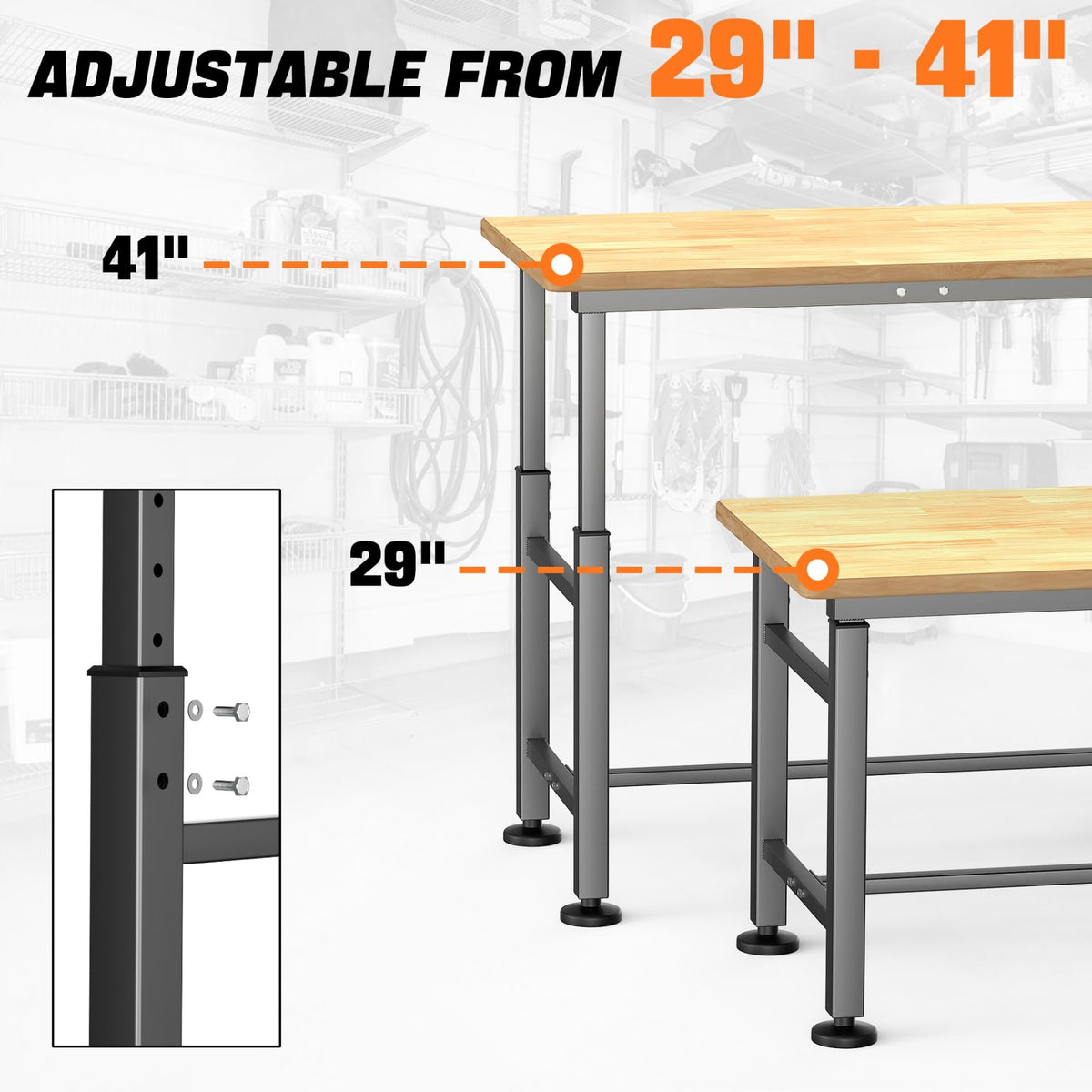 Adjustable Workbench with Rubberwood Top, 47.75" x 23.25"