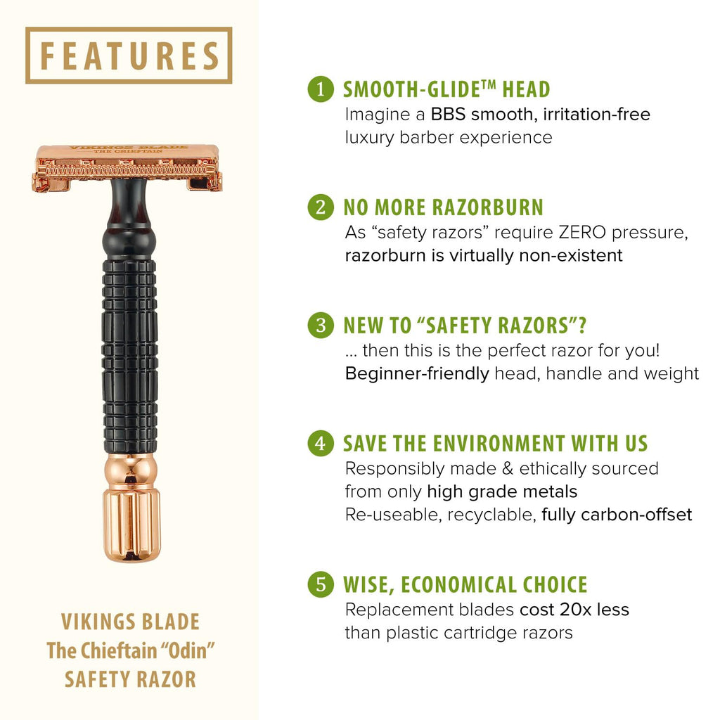 Double Edge Safety Razor for Men + 5 Swedish Steel Blades + Luxury Case. Smooth, Reusable, Eco-Friendly (Chieftain