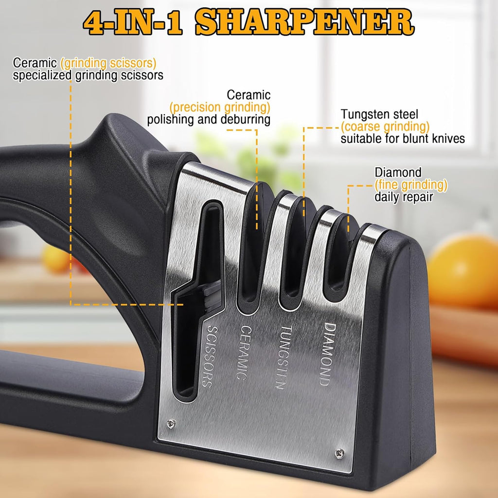 4-in-1Manual Knife Sharpener Suitable for kitchen knives, fruit knives, steel knives, scissors, and 3-level precision