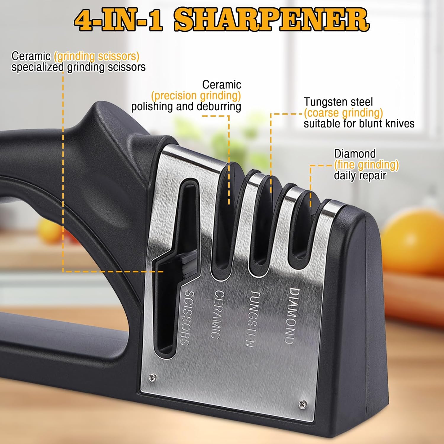4-in-1Manual Knife Sharpener Suitable for kitchen knives, fruit knives, steel knives, scissors, and 3-level precision